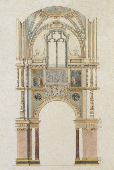 Progetto per la navata laterale di una chiesa con affreschi della vita di San Francesco, disegno a penna acquerellato da Unbekannt Unbekannt